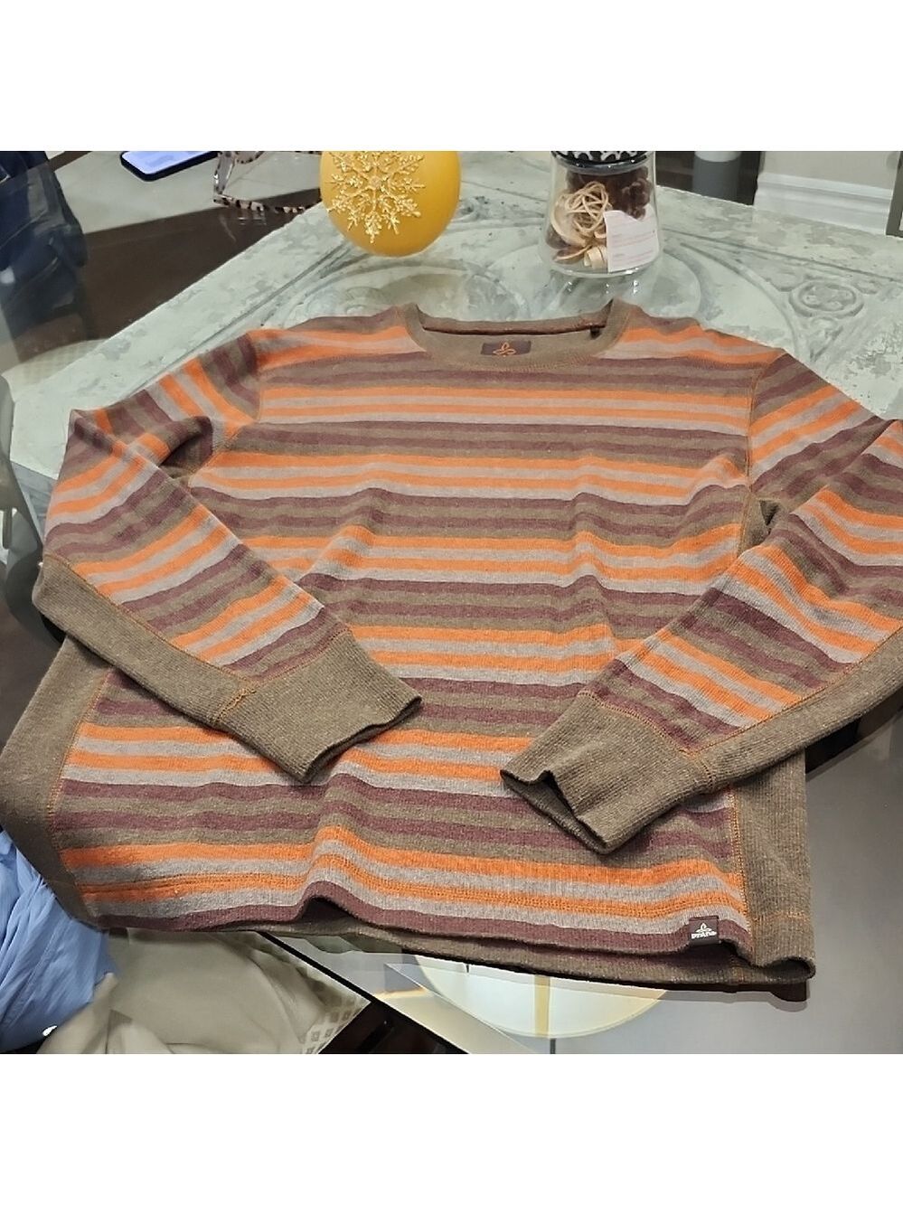 Prana Organic Cotton Striped Men's Sweater - Brown, Orange, and Gray Large Fit
